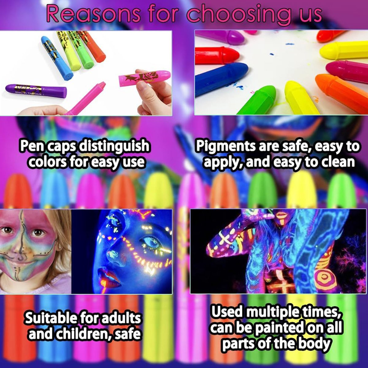 Schminkstiften - Schmink Set Krijtjes - 6 kleuren, 12 stuks -Fluoriserend UV Neon Glow in the Dark Krijtjes-Giftige Gezichtsverfkrijtjes voor Halloween Cosplay Make-up-Helderste Glow onder UV-Licht — afbeelding 5