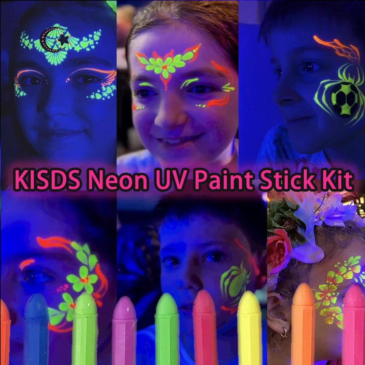 Schminkstiften - Schmink Set Krijtjes - 6 kleuren, 12 stuks -Fluoriserend UV Neon Glow in the Dark Krijtjes-Giftige Gezichtsverfkrijtjes voor Halloween Cosplay Make-up-Helderste Glow onder UV-Licht — afbeelding 3
