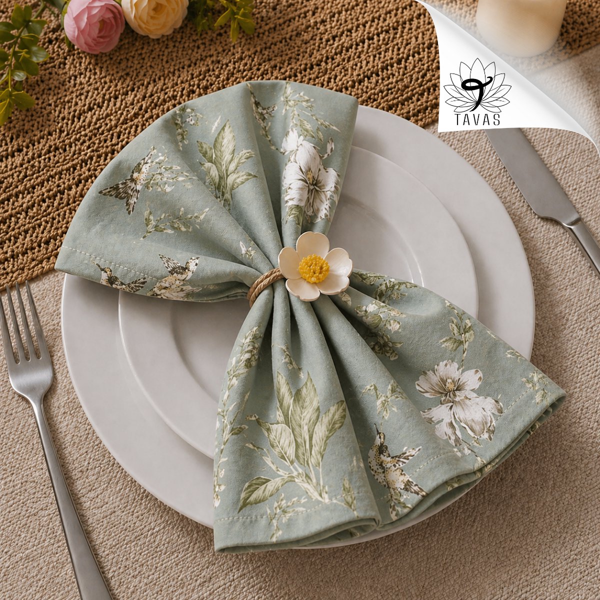 Tavas Servetten - 30 x 30 cm - Set van 4 stuks - Saliegroen - Vogeltuin - Katoen — cadeau in Wonen & Interieur - foto 3