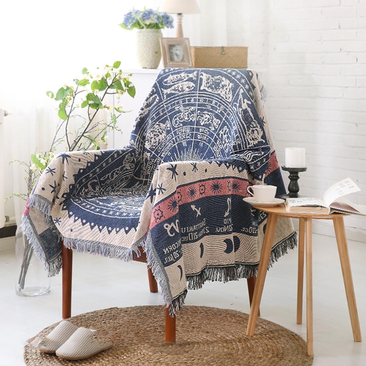 Dubbelzijdige Plaid van Gevlochten Katoen met Kwastjes - Geometrisch Patroon in Bohemian Ethnic Stijl voor Vintage Decoratie, Bed, Sofa, Camping, Tafelkleed en Tapijt