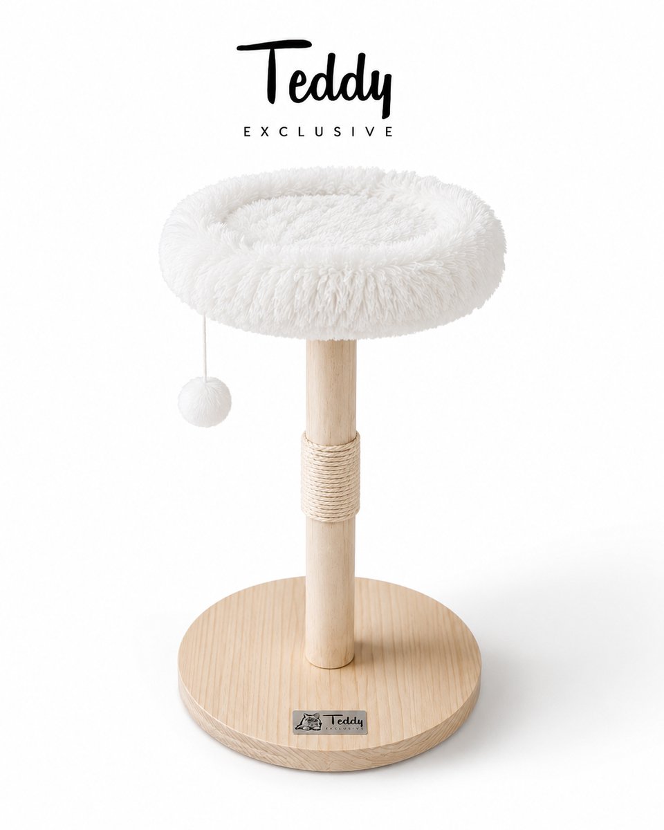 Teddy Exclusive Krabpaal Tommie – Luxe Kattenkrabpaal van Massief Hout met Ergonomisch Kussen – Voor Kleine en Grote Katten – H75 x Ø45 cm – Wit