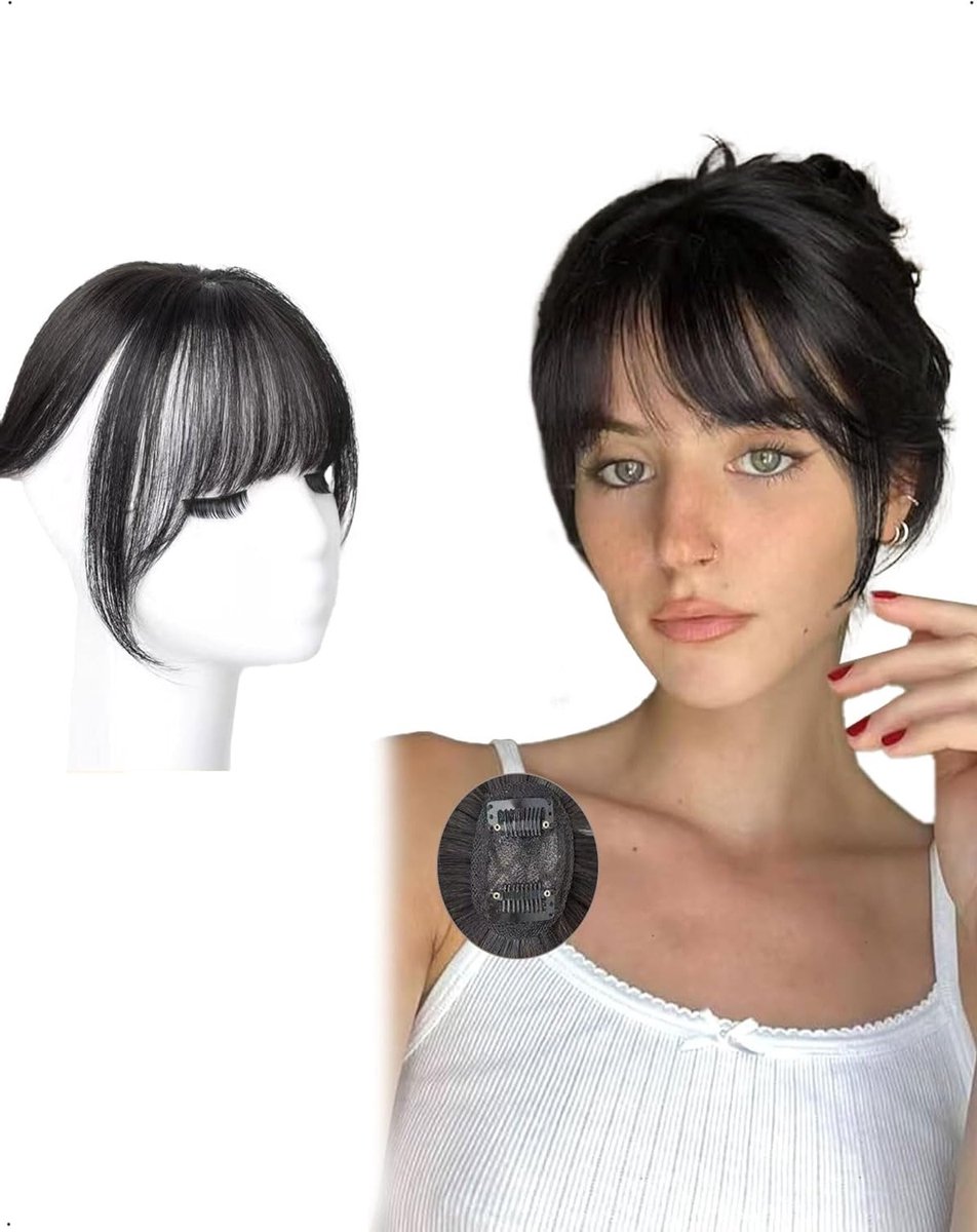 Natuurlijke 3D 360° Franse Pony Clip-in Haarextensions voor Vrouwen en Meisjes, Lichtgewicht en Ademend, Perfect voor Dagelijks Gebruik en DIY Styling, Zwart