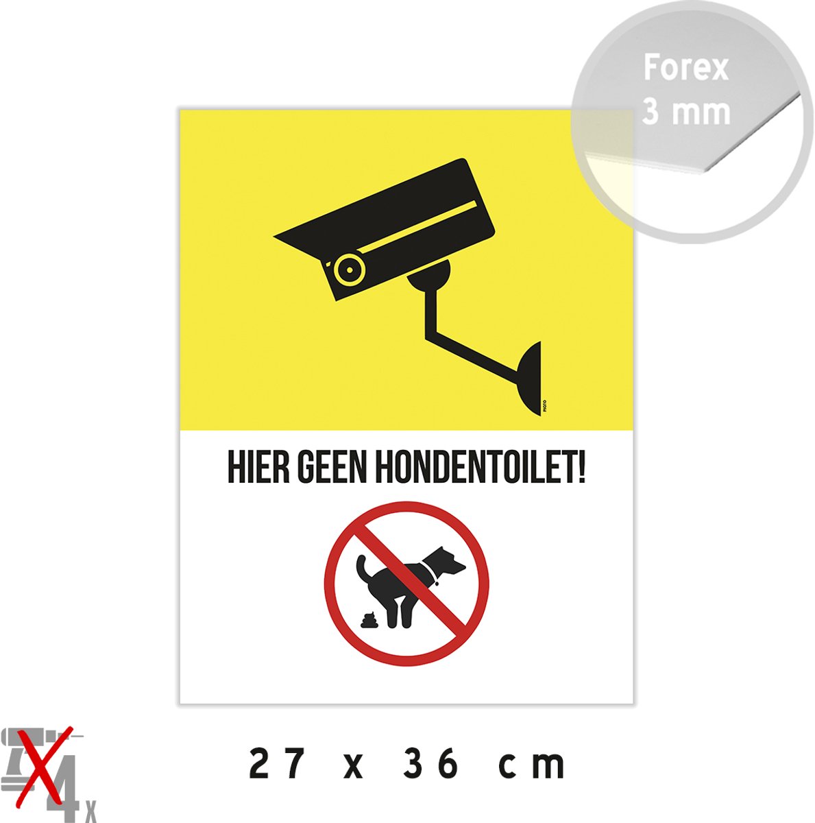 Pictogram/ bord | "Hier geen hondentoilet!" | 27 x 36 cm | CCTV | Camerabewaking | Hondenpoep | Hond | Overlast | Geel | Uitwerpselen | Kunststof | 1 stuk