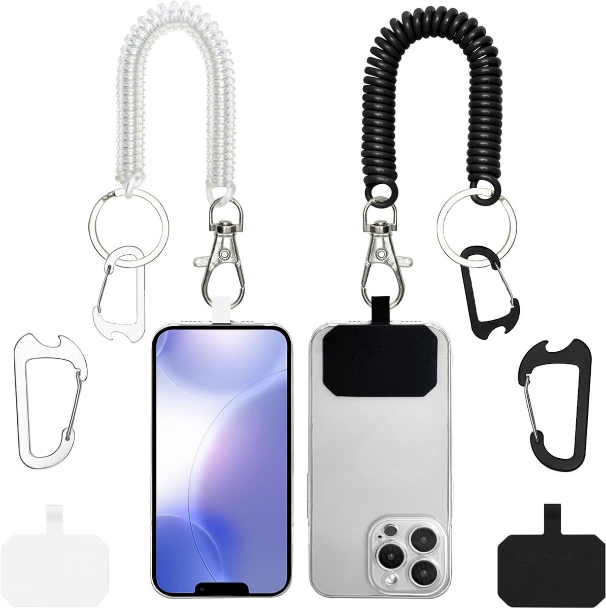 2 Stuks Telefoon Lanyard met Carabiner - Anti-Diefstal Koord voor Mobiele Telefoons, Geschikt voor de Meeste Smartphones (Zwart + Transparant)