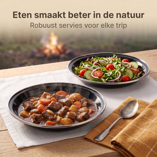 Cheqo® Campingborden Set van 2 - Emaille Borden - Camping Servies - Campingbord - Outdoor Borden - Emaille Servies - Metalen Borden voor Kamperen en Picknicken - Dinerborden - Zwarte Borden - Geëmailleerde Borden - Kampeerservies — afbeelding 5