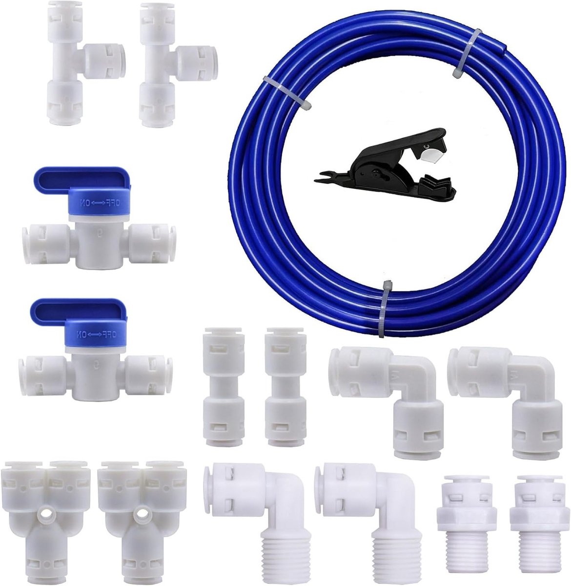 Universele 5 m aansluitset voor RO waterfilter, 14-delige set met 1/4 inch slangkoppelingen, koelkast- en waterhals, inclusief afsluiter en zwarte buizensnijder