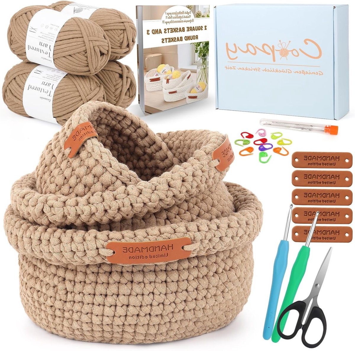 Haakset voor Beginners met 3 Maten, Ronde Mandjes en DIY Instructies, Wol en Benodigdheden voor Creatieve Projecten