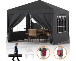 Partytent-Opvouwbaar Tuinpaviljoen 3x3 m met Zijwanden–Waterdicht & UV-bestendig–opbergtas–30 seconden pop-up opzet–Grijs