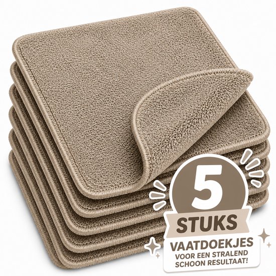 Stapel van vijf taupekleurige vaatdoekjes met een geborduurde rand, waarvan één is omgeslagen.