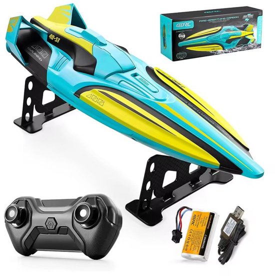 Turquoise en gele raceboot met zwarte details, inclusief afstandsbediening, batterij en oplader.