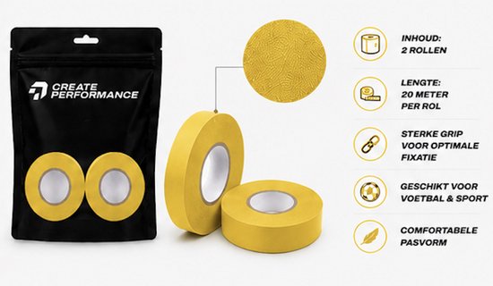 Zwart tasje met twee rollen gele sporttape. Een rol en close-up van structuur ernaast. Info over inhoud, lengte, grip en pasvorm.