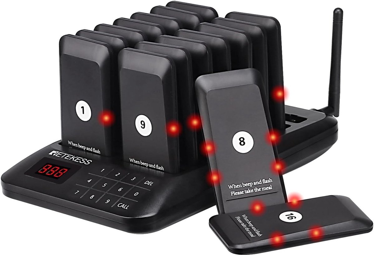 Retekess TD157 Oproepsysteem Restaurant-500M Pager Systeem- 2 Oproepmodi-met Trilling-16 Pager-Restaurant-Eten Truck Food Court Snack