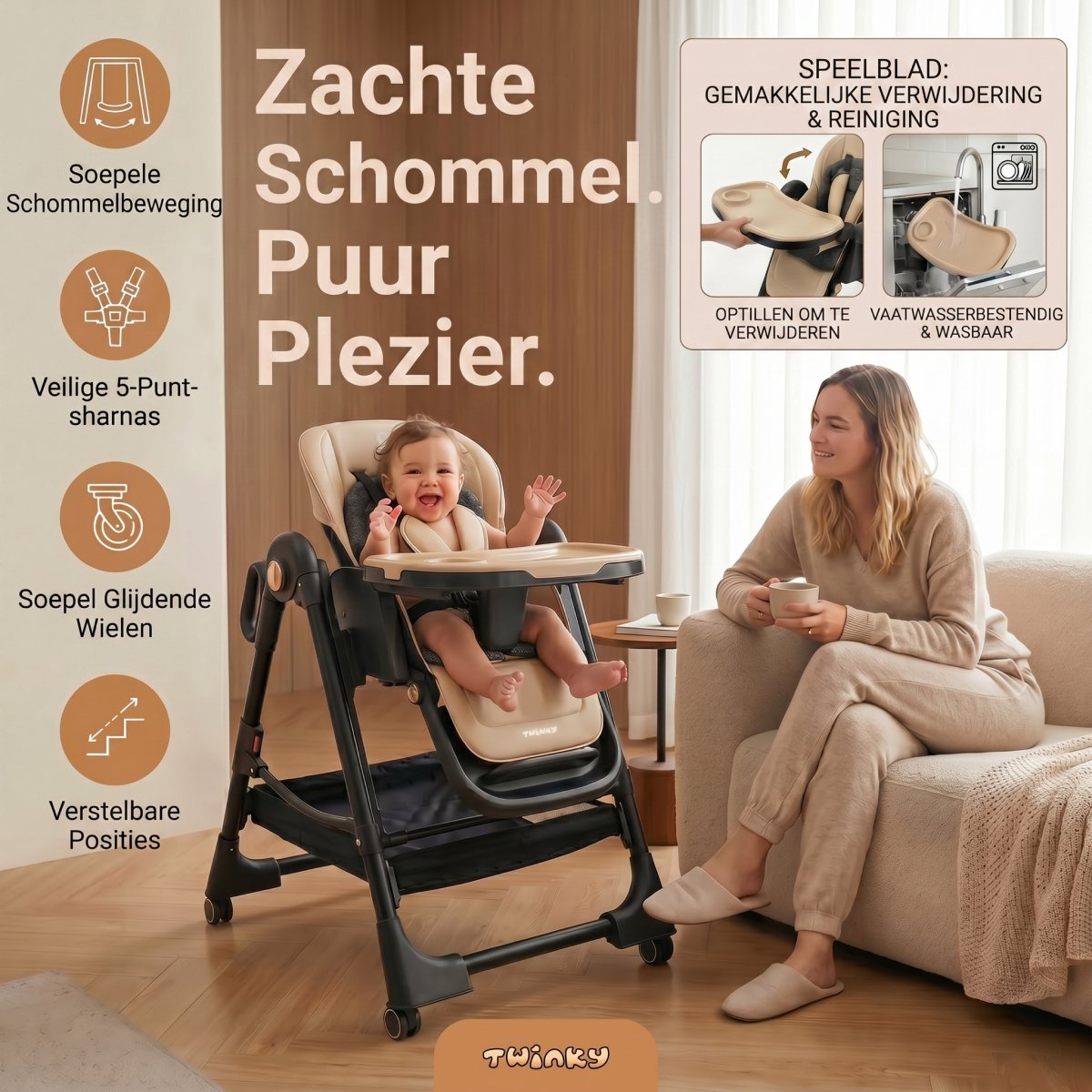 Twinky® Kinderstoel EXPLORE – 4-in-1 Kinderstoeltje Set met Schommel en Ligfunctie – Inklapbare Eetstoel & Baby Wagentje en Babystoel Voor Aan Tafel – Kinderzetel, Peuterstoeltje en Meegroeistoel in 1 — afbeelding 3