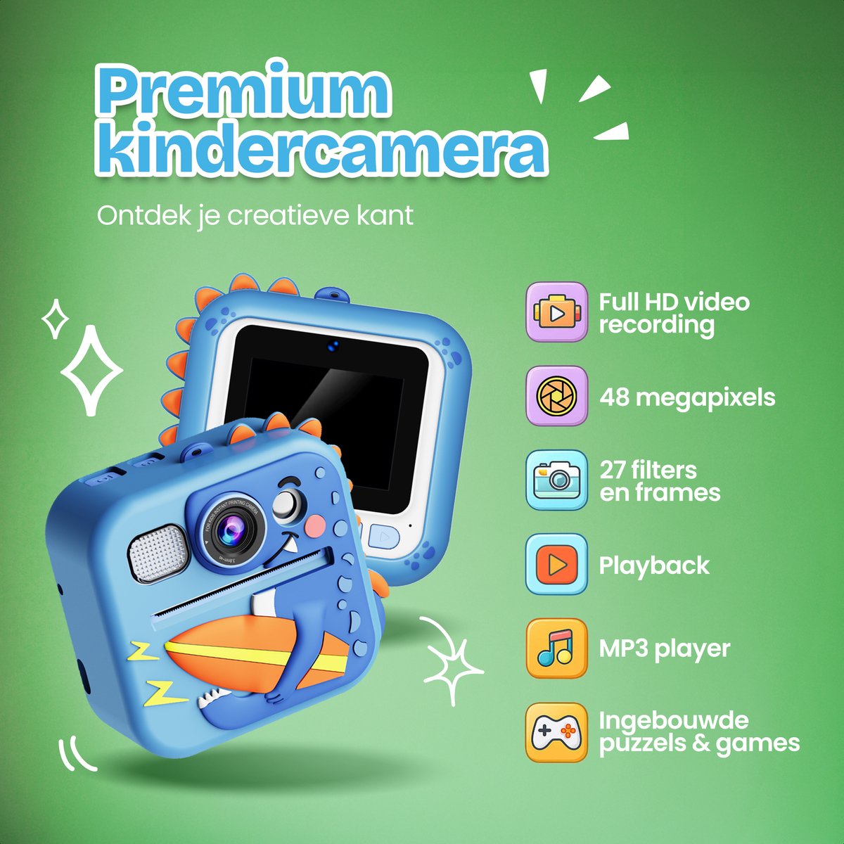 TinyPlay Kindercamera met foto printer - Siliconen Hoes - 48MP - Digitale Camera Kinderen - 32GB SD kaart - Full HD Foto en Video - Spelletjes - Fotoprinter - Kinder camera - Digitale kindercamera - Blauw – foto 7