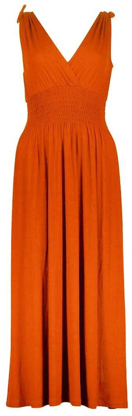 Oranje Geisha maxi jurk met V-hals, gesmokte tailleband en strikbandjes op de schouders.