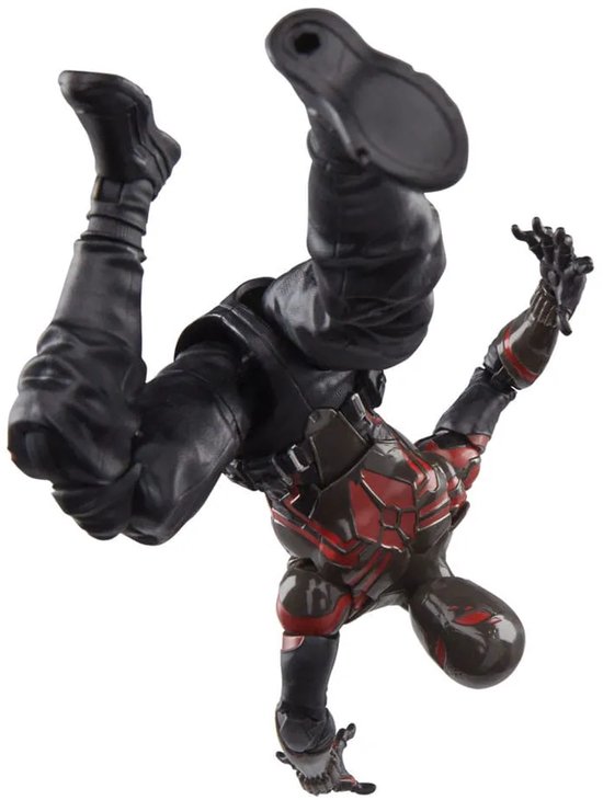 Actiefiguur van Miles Morales in het Brooklyn 2099-pak, ondersteboven.