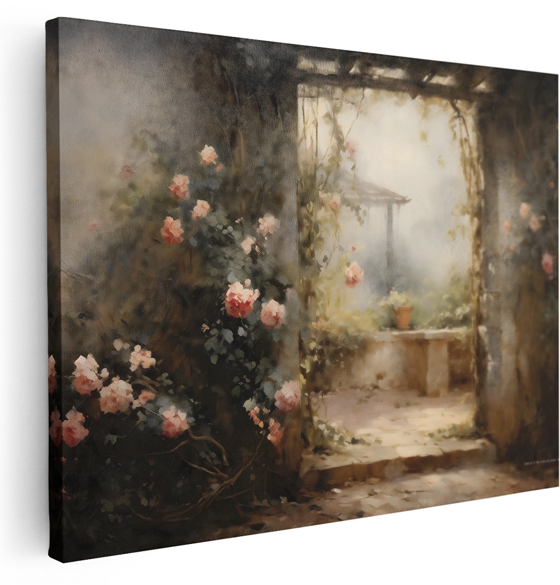 Artaza Canvas Schilderij Tuinpoort - 120x90 cm - Wanddecoratie Rozen - Muurdecoratie Roman