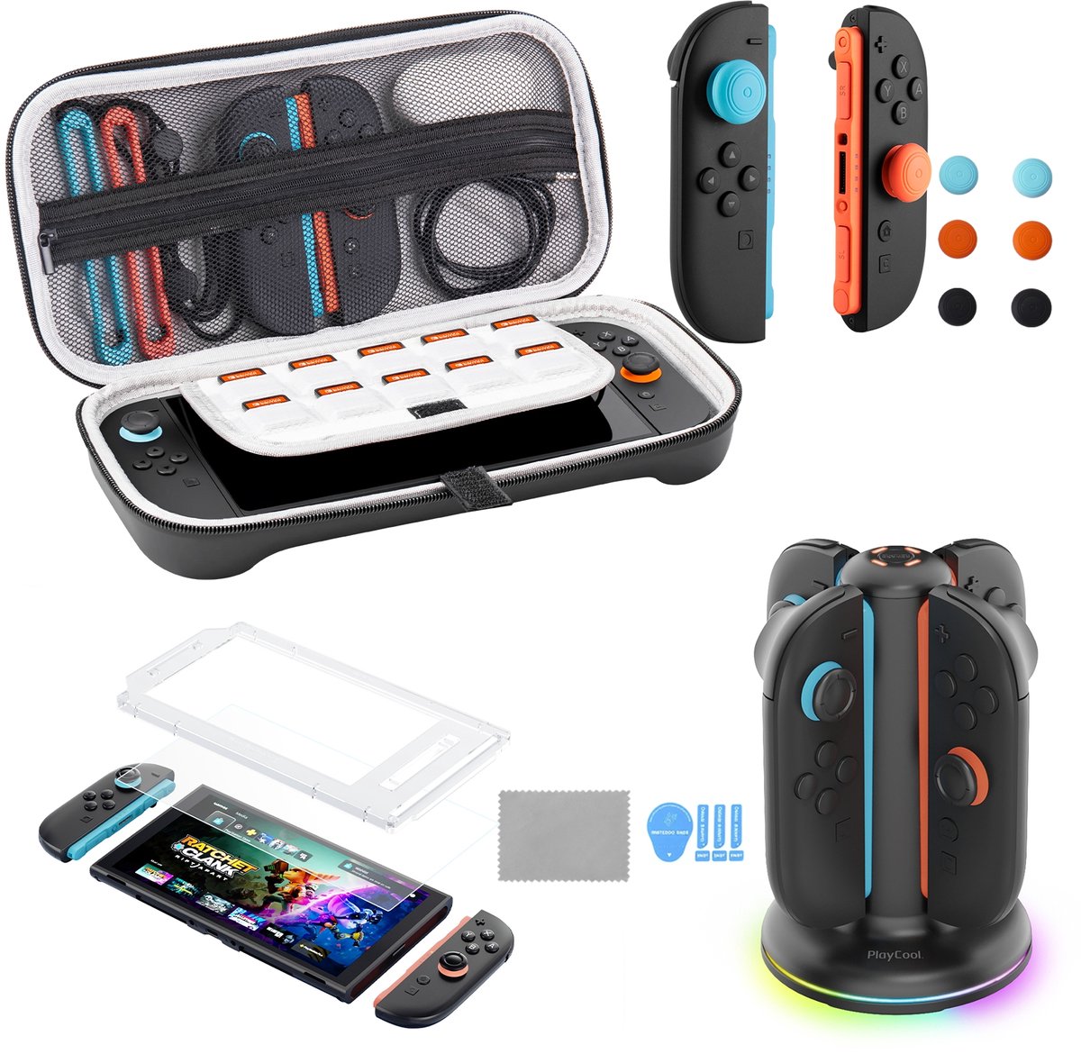 PlayCool Nintendo Switch 2 Accessoirebundel – Complete Reisset met Draagtas, RGB Oplaadstation voor Joy-Cons & Screenprotector met Installatietray