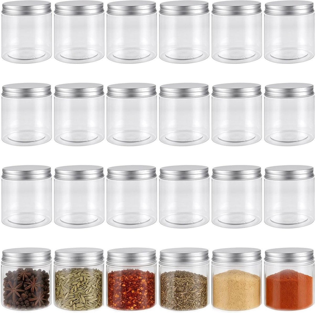 Doorzichtige plastic voorraadpotten met zilveren deksels, 8 oz, 250 ml, 24 stuks voor kruiden, opslag en ambachten in de keuken