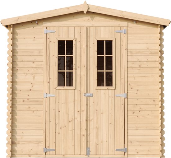 Vooraanzicht van een houten tuinhuis met dubbele deuren en twee ramen, geïsoleerd op een witte achtergrond.