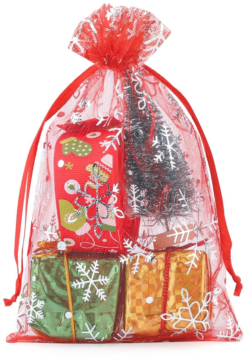 Dailygoods - Dailygoody - Rode Organza Zakjes - Sieradenzakjes met Sneeuwvlokmotief - Klein en Duurzaam - 13 x 18 cm - Perfect voor Cadeaus en Bruiloften - 50 Stuk