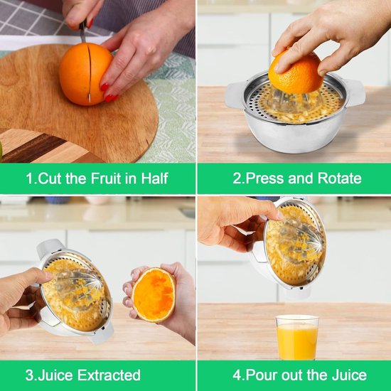 Handmatige citruspers van roestvrij staal, handcitruspers, diameter 13,8 cm, vaatwasmachinebestendig, professionele kwaliteit. Handfruitpers geschikt voor citroenen, pompoenen en sinaasappels. — afbeelding 2