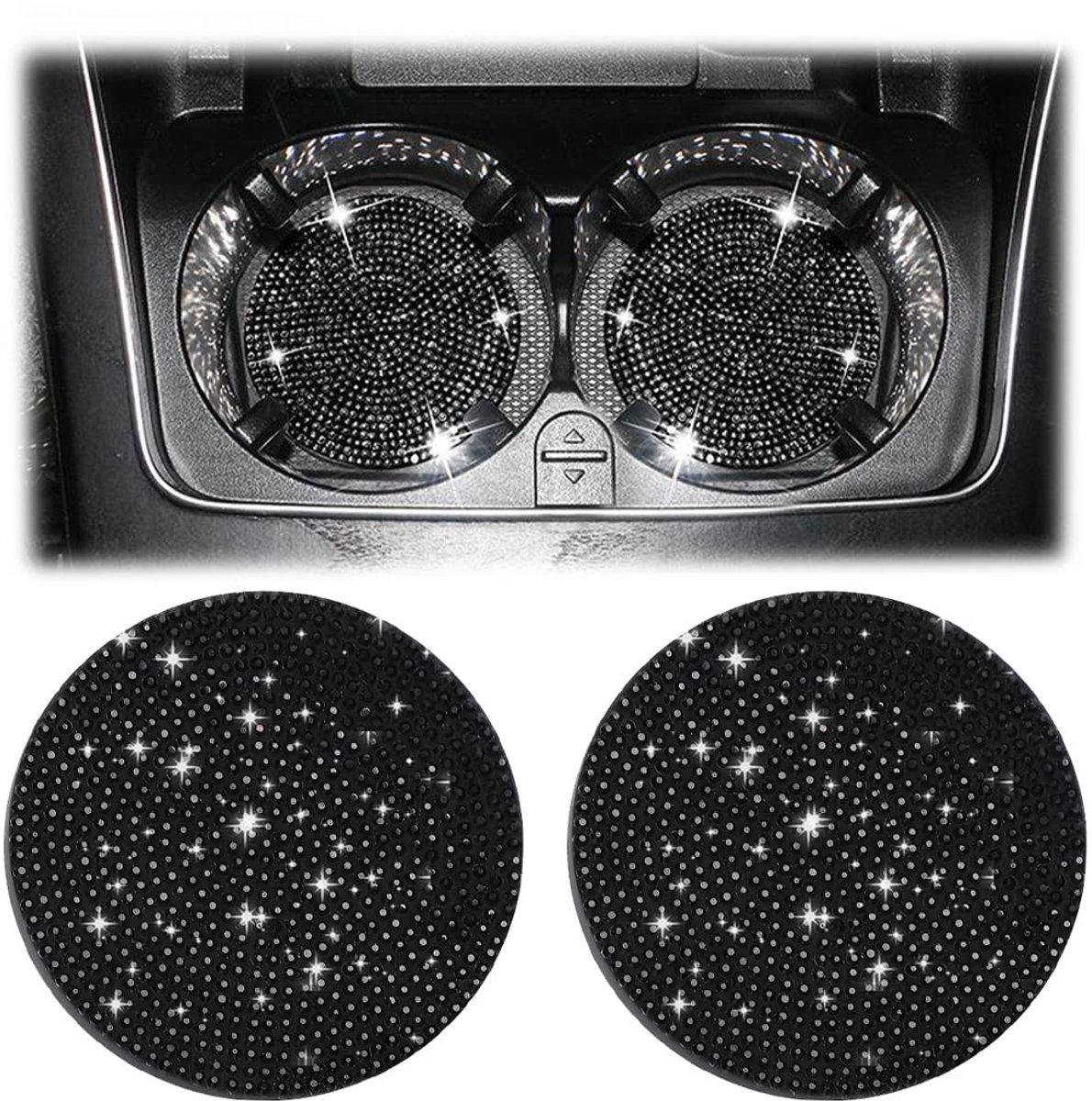 Dailygoods - Dailygoody - Autobekerhouder - Universeel - Bling - 7 cm - Strass - Onderzetter voor auto-interieur - Geschikt voor de meeste voertuigen - Zwart