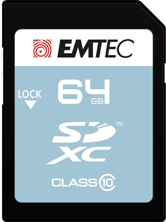 Emtec Classic SDXC geheugenkaart 64 GB, Class 10, met 'LOCK' schakelaar.