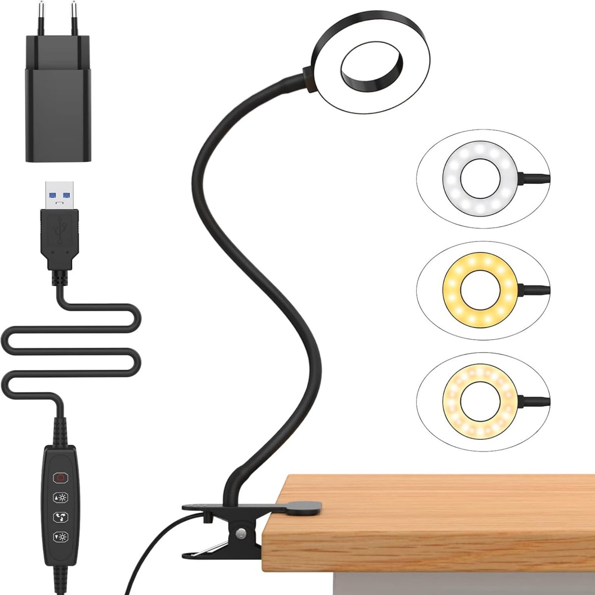 Glowy Bedlamp - Leeslamp met Klem - Dimbare LED Leeslampje - 3 Lichtstanden & 10 Helderheidsniveaus - Flexibele Zwanenhals - USB - Zwart - Voor Slaapkamer & Bureau