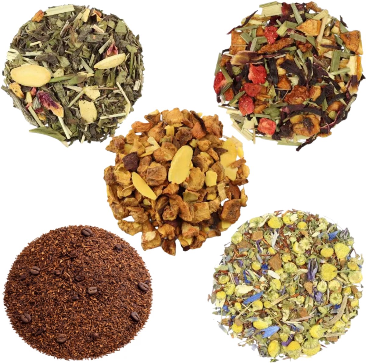 Proefpakket Mix – 5 x 15g Losse Thee – Rooibos Latte, Kruidenthee Kamille, Witte thee Amandel, Vruchtenthee Aardbei & Notendroom