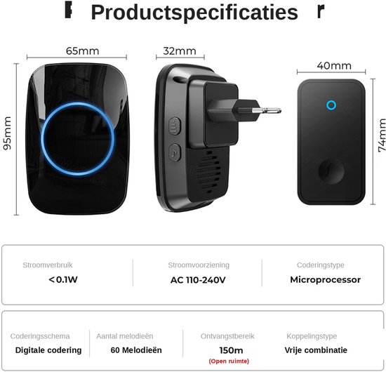 『Geen batterij nodig』Draadloze deurbel met 1 ontvangen - Deurbel draadloos - Zonder batterijen- Draadloos deurbel - Slim Deurbel - Draadloos -Deurbelset - Waterdicht IP44- Zwart- 60 melodieen — afbeelding 5