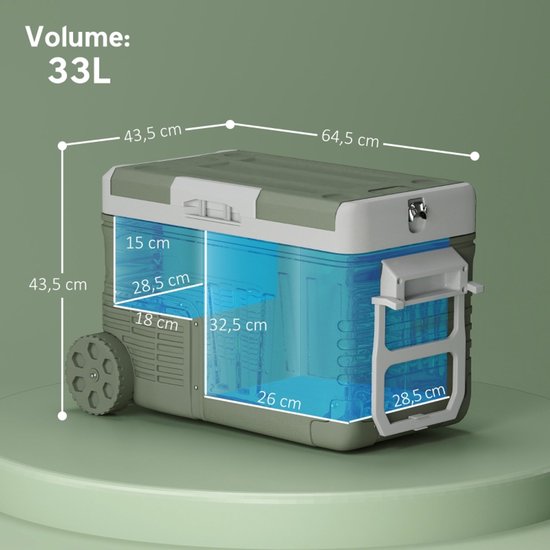 33L Compressor koelbox-Elektrische koelbox-Auto koelbox-Mini koelkast-Met wielen-Vriesfunctie-Stille werking-LED-Camping en boot-64,5cm-12V 230V-Groen — afbeelding 5