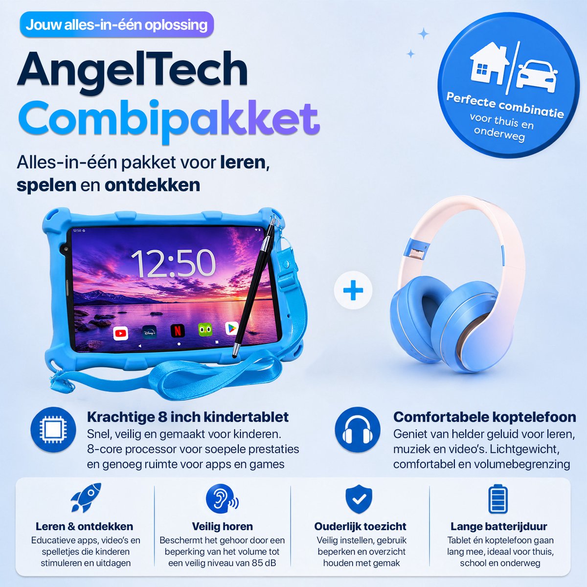 AngelTech Kinderpakket PRO MAX - Kindertablet PRO MAX + Kinderkoptelefoon - Android 15 - Combipakket - Kindertablet Vanaf 3 Jaar – Kinder Tablet – Kids Tablet - Tablet voor Kinderen - Blauw – foto 3