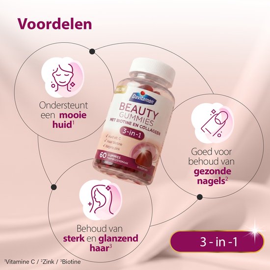 Een pot Davitamon Beauty Gummies met illustraties die de voordelen voor huid, haar en nagels weergeven.