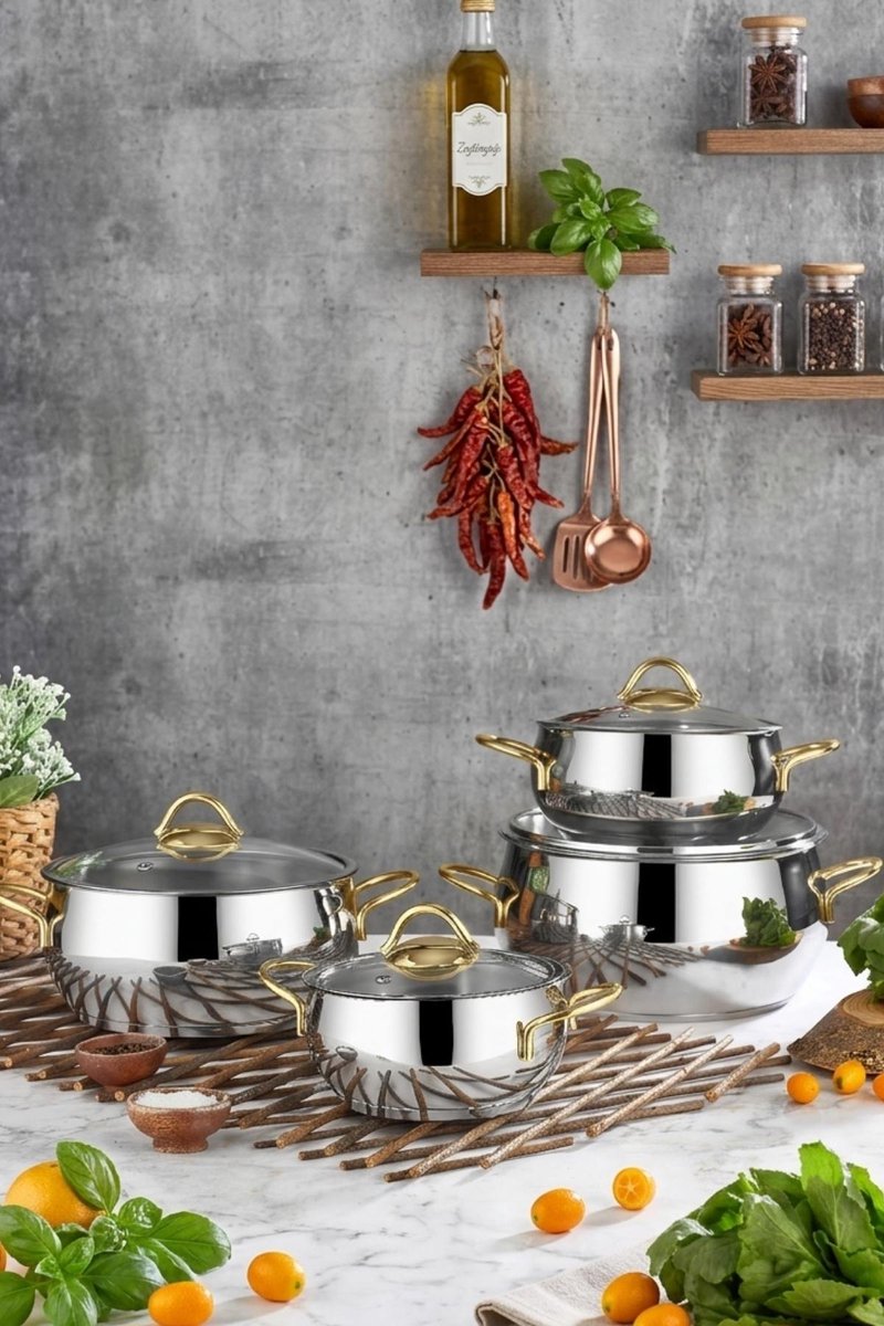 Polochef PDG-101 - Pro Line Gold RVS Pannenset 8-Delig – 18/10 Roestvrij Staal – Gouden Handgrepen – Inclusief Deksels – Inductie Geschikt