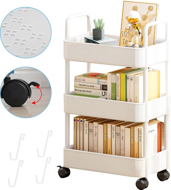 Chariot roulant blanc à 3 niveaux avec des livres, une plante et des décorations, y compris des gros plans des roues et des paniers.