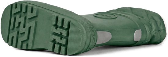 Onderkant van een olijfgroene rubberen laars, met profielzool en reflecterende details.