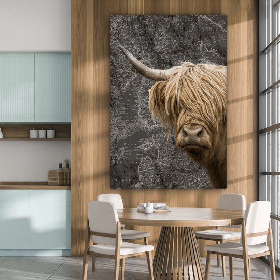 Décoration murale - Highlander écossais - Vaches - Carte du Wereldkaart - Peinture sur toile - 120x180 cm