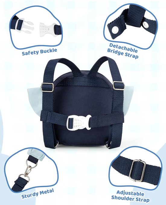 Deze 3-in-1 anti-verliesrugzak met olifantenprint heeft een veiligheidsriem, een anti-verliesarmband en een anti-verliesarmband met sleutel en slot. Geschikt voor kinderen van 1 tot 5 jaar, perfect voor uitstapjes en reizen. Blauw. van Merkloos — afbeelding 2