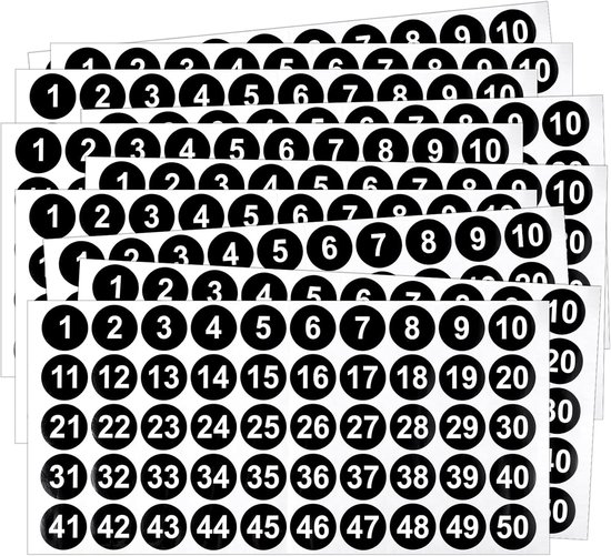 QTTVBTNA - 10 Vellen (500 Stuks) Cijfer stickers - Nummer stickers - Ronde Labelstickers - Stickervellen Set - Gecoat Papier Met Glansfolie - Duurzaam En Slijtvast - Veelzijdig Voor Organisatie - Zwart