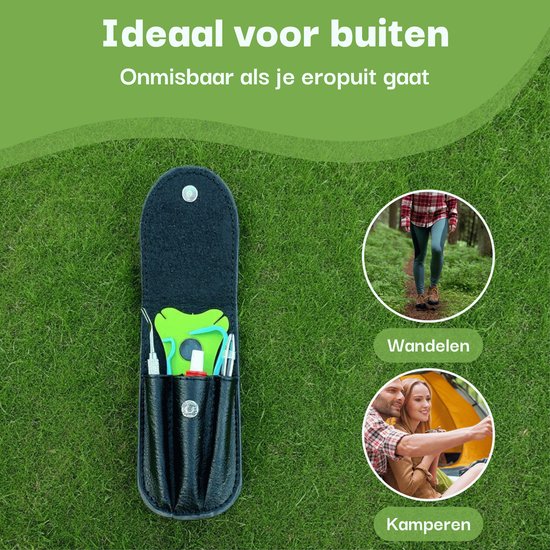 De tekentang set, ideaal voor buiten, in een open leren etui. Met afbeeldingen van wandelen en kamperen.