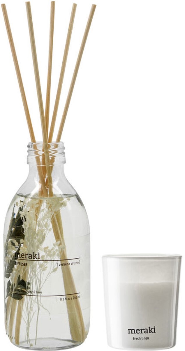 Meraki Gift Box Verbena Drizzle Diffuser + Fresh Linen Scented Candle 60 G., 240|60 ml|g