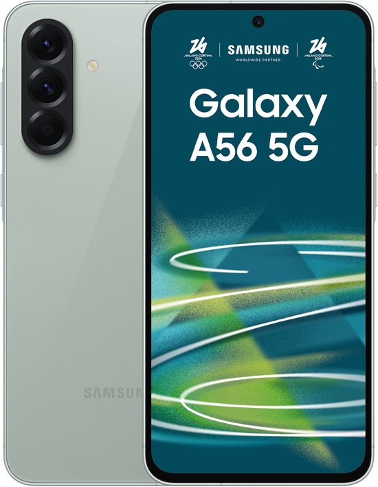 Groene Samsung Galaxy A56 5G met drie camera's op de achterkant. De voorkant toont 'Galaxy A56 5G'.