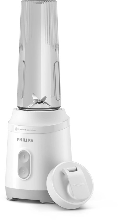Witte Philips blender met glazen beker, twee bedieningsknoppen en een witte afneembare deksel.