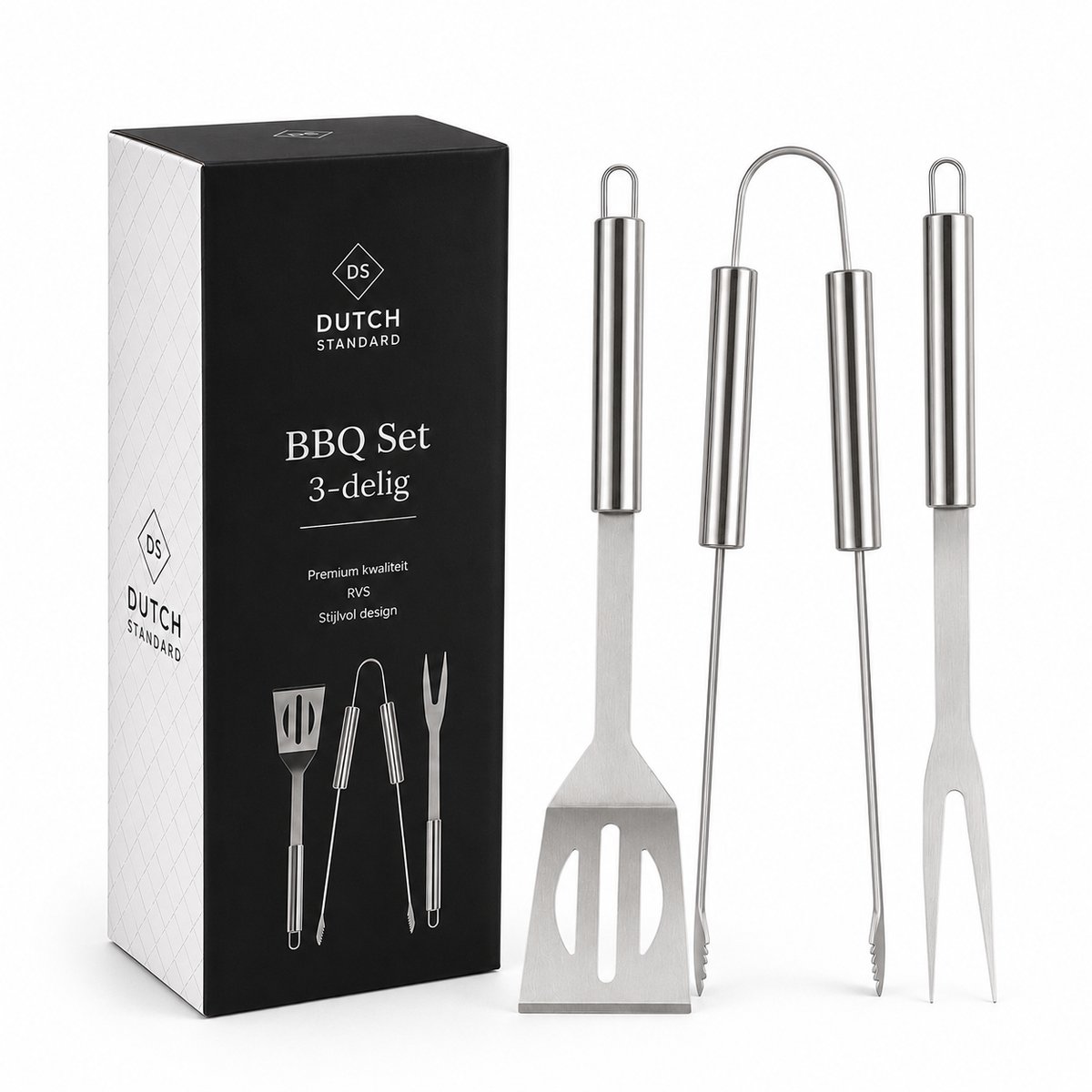 BBQ Set 3-delig – RVS Barbecuegereedschap met Spatel, Tang en Vleesvork – BBQ Accessoires Set met Ophanglussen