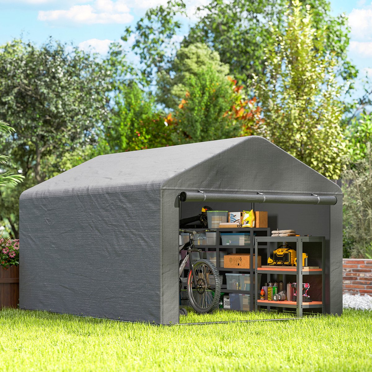 Tuinhuis met Schuin Dak – Gereedschapsschuur - Multifunctionele tuinhuis - Fietsschuur - 200 x 238 x 183 cm - Outdoor Tuinopslag - Voor Achtertuin, Terras en Grasveld - Weerbestendig - Grijs