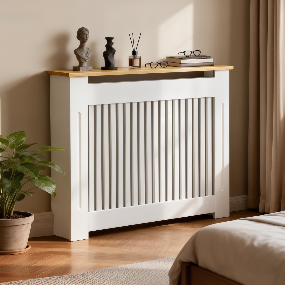 FATIVO Radiatorombouw - Verwarmingsombouw met Houten Bovenblad - Radiatorbekleding - 112 x 20 x 83 cm - Wit