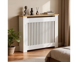 FATIVO Radiatorombouw - Verwarmingsombouw met Houten Bovenblad - Radiatorbekleding - 112 x 20 x 83 cm - Wit