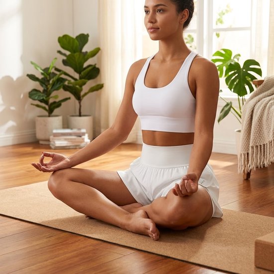 Zittende yogi in witte sportkleding, met een witte sportshort met hoge taille en ingebouwde broek.
