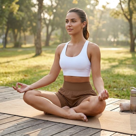 Vrouw in olijfbruine sportshorts en witte sporttop zit in kleermakerszit op een yogamat in een park.